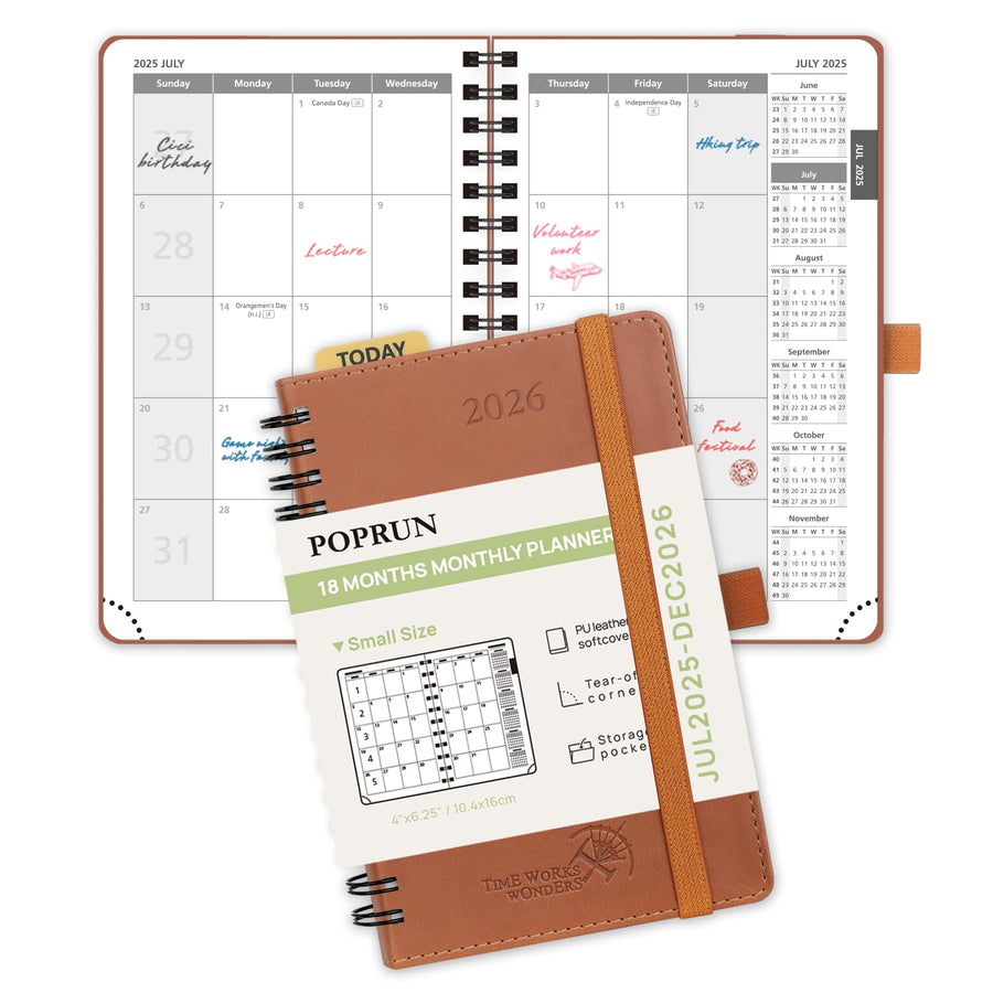 POPRUN Monthly Planner 2025-2026 Spiral Bound (8.5'' x 10.5'') 18 Months Calendar (Jul 2025 - Dec 2026) - 4 Pages per Month with Monthly Expense & Notes, Sunday Start, Leather Cover - Grey