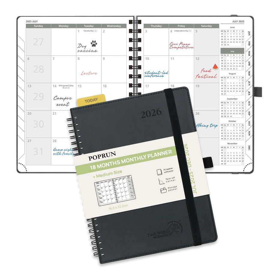 POPRUN Monthly Planner 2025-2026 Spiral Bound (8.5'' x 10.5'') 18 Months Calendar (Jul 2025 - Dec 2026) - 4 Pages per Month with Monthly Expense & Notes, Sunday Start, Leather Cover - Grey
