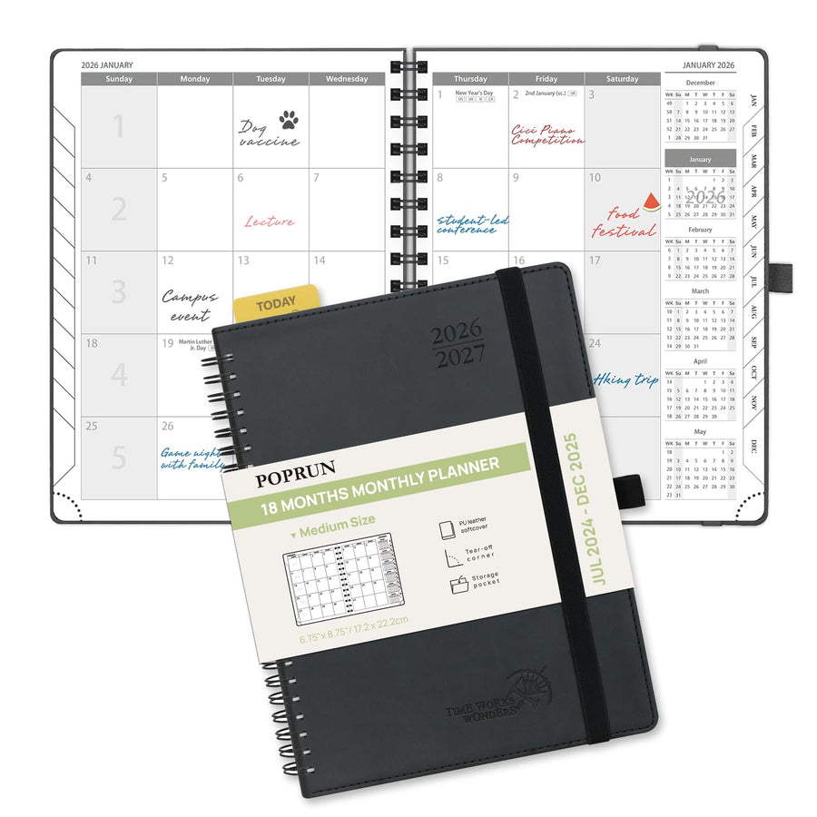 POPRUN Monthly Planner 2025-2026 Spiral Bound (8.5'' x 10.5'') 18 Months Calendar (Jul 2025 - Dec 2026) - 4 Pages per Month with Monthly Expense & Notes, Sunday Start, Leather Cover - Grey