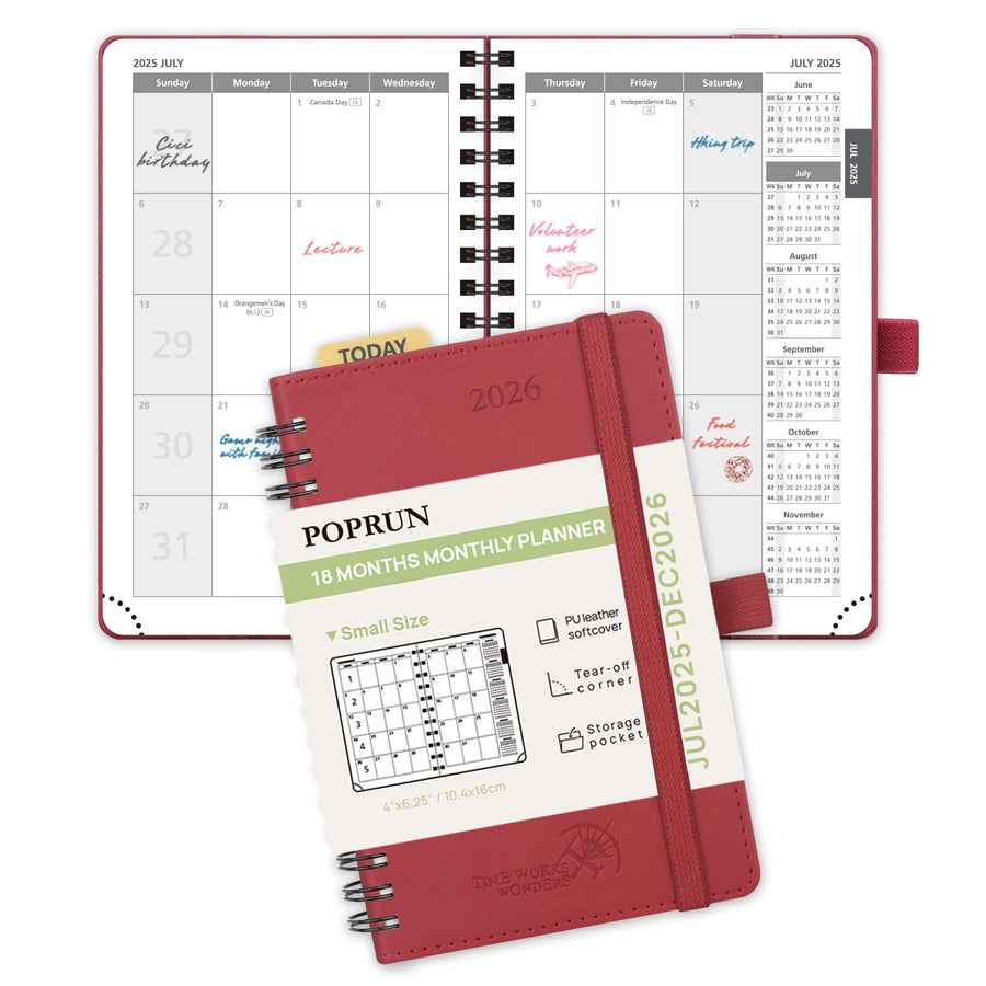 POPRUN Monthly Planner 2025-2026 Spiral Bound (8.5'' x 10.5'') 18 Months Calendar (Jul 2025 - Dec 2026) - 4 Pages per Month with Monthly Expense & Notes, Sunday Start, Leather Cover - Grey