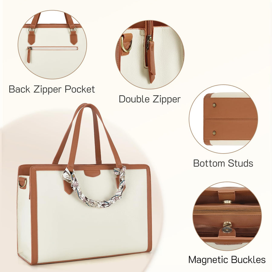 Laptop Tote Bag for Women 15.6 Inch Leather Work Bags Teacher Computer Purse Briefcase Handbag for Office, Travel