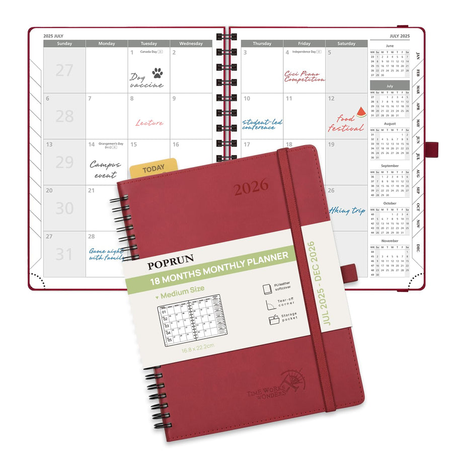 POPRUN Monthly Planner 2025-2026 Spiral Bound (8.5'' x 10.5'') 18 Months Calendar (Jul 2025 - Dec 2026) - 4 Pages per Month with Monthly Expense & Notes, Sunday Start, Leather Cover - Grey