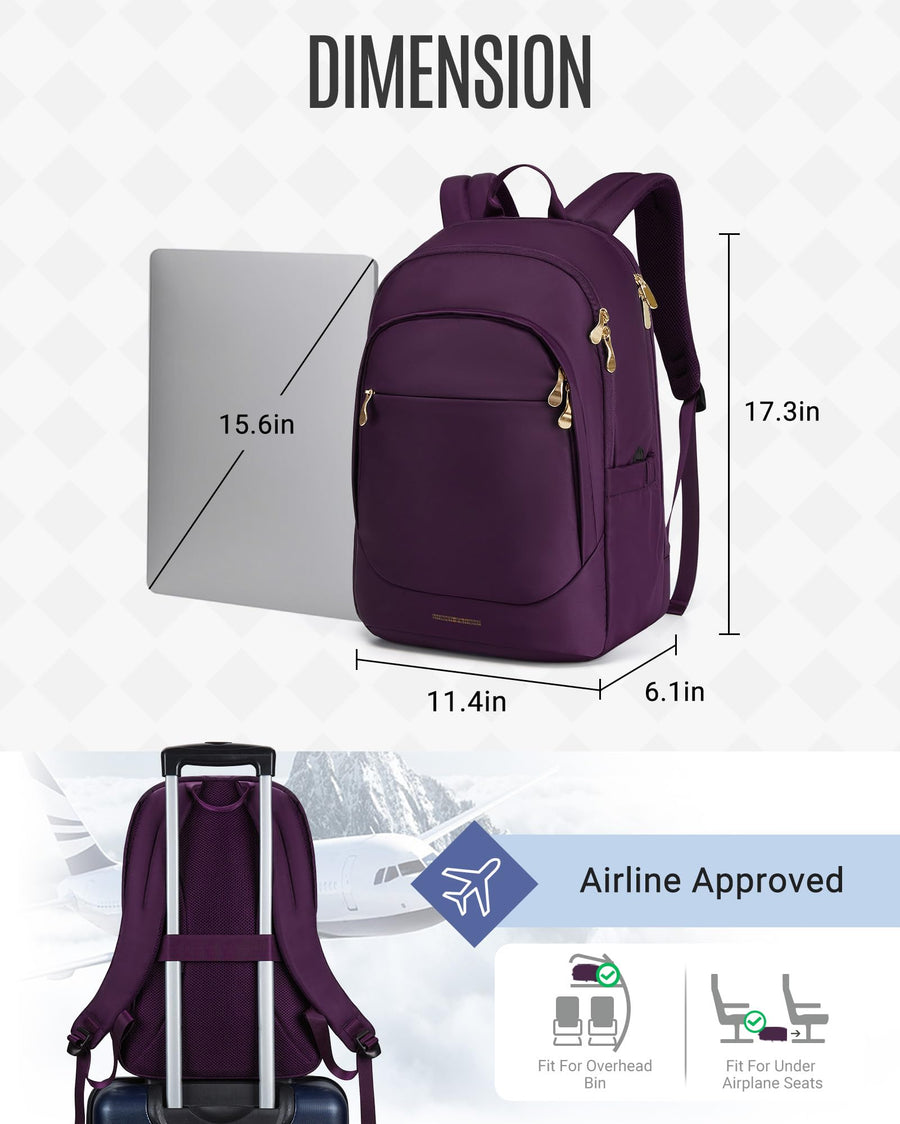LIGHT FLIGHT Travel Laptop Backpack Women, 15.6 Inch Laptop Backpack with USB Charging Hole, Water Resistant College Bookbag, Black Computer Backpacks for Work, Champagne