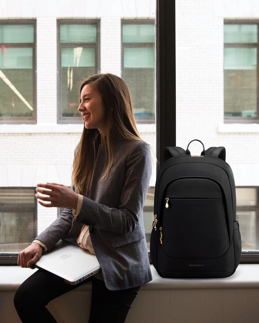 LIGHT FLIGHT Travel Laptop Backpack Women, 15.6 Inch Laptop Backpack with USB Charging Hole, Water Resistant College Bookbag, Black Computer Backpacks for Work, Champagne