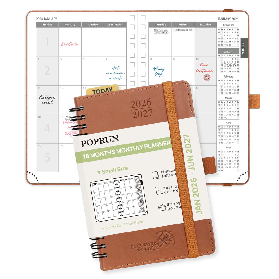 POPRUN Monthly Planner 2025-2026 Spiral Bound (8.5'' x 10.5'') 18 Months Calendar (Jul 2025 - Dec 2026) - 4 Pages per Month with Monthly Expense & Notes, Sunday Start, Leather Cover - Grey