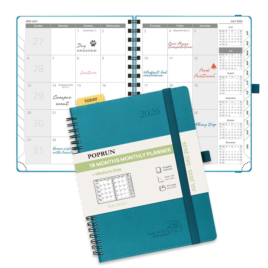 POPRUN Monthly Planner 2025-2026 Spiral Bound (8.5'' x 10.5'') 18 Months Calendar (Jul 2025 - Dec 2026) - 4 Pages per Month with Monthly Expense & Notes, Sunday Start, Leather Cover - Grey