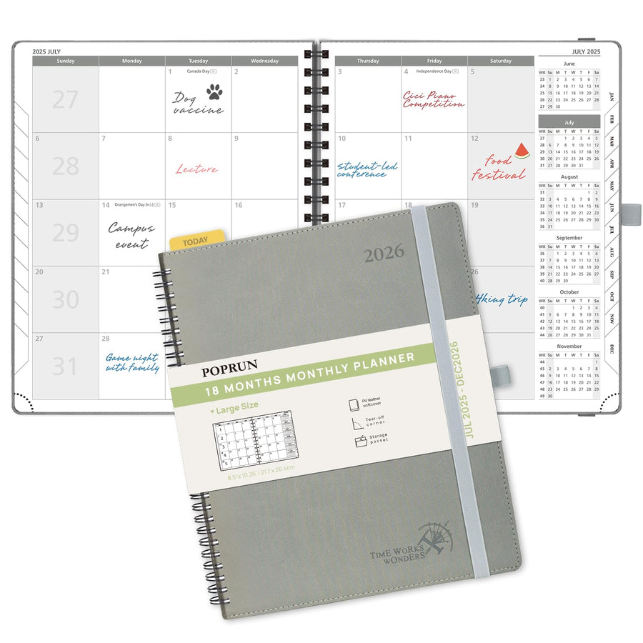 POPRUN Monthly Planner 2025-2026 Spiral Bound (8.5'' x 10.5'') 18 Months Calendar (Jul 2025 - Dec 2026) - 4 Pages per Month with Monthly Expense & Notes, Sunday Start, Leather Cover - Grey