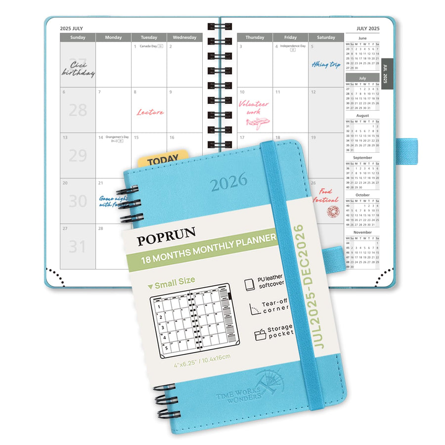 POPRUN Monthly Planner 2025-2026 Spiral Bound (8.5'' x 10.5'') 18 Months Calendar (Jul 2025 - Dec 2026) - 4 Pages per Month with Monthly Expense & Notes, Sunday Start, Leather Cover - Grey