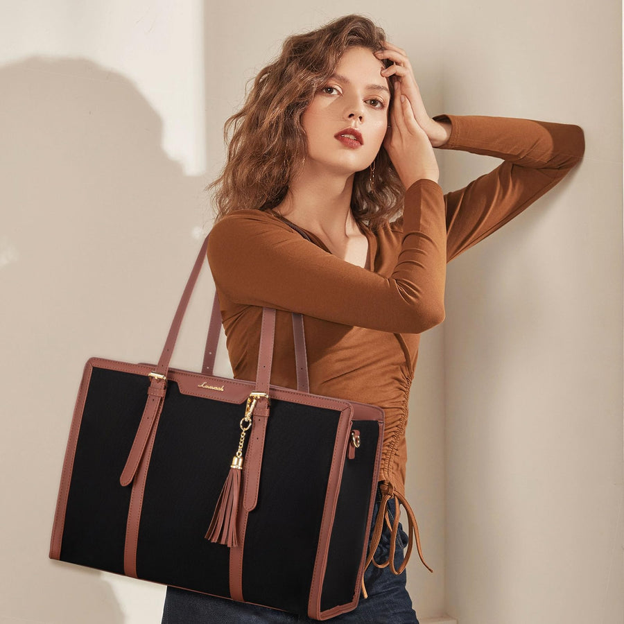 15.6-inch Canvas Laptop Tote with Clutch for Women - Lightweight, Large Capacity for Work, Travel, School