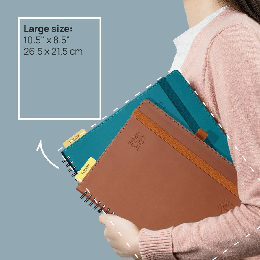 POPRUN Monthly Planner 2025-2026 Spiral Bound (8.5'' x 10.5'') 18 Months Calendar (Jul 2025 - Dec 2026) - 4 Pages per Month with Monthly Expense & Notes, Sunday Start, Leather Cover - Grey