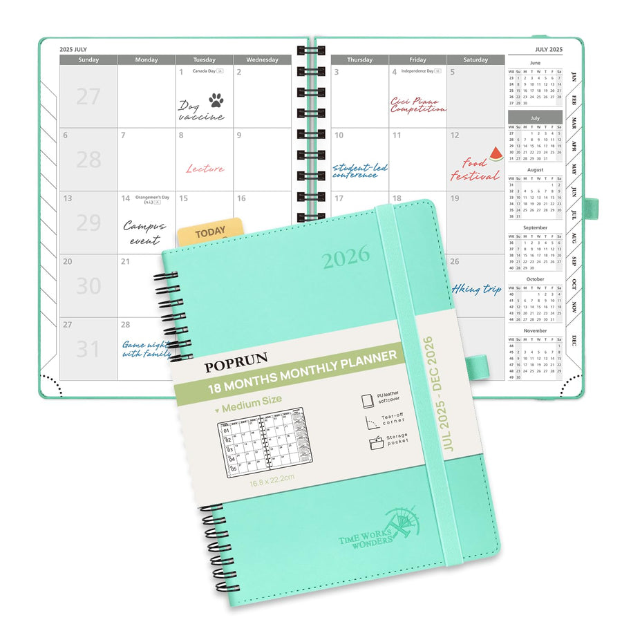 POPRUN Monthly Planner 2025-2026 Spiral Bound (8.5'' x 10.5'') 18 Months Calendar (Jul 2025 - Dec 2026) - 4 Pages per Month with Monthly Expense & Notes, Sunday Start, Leather Cover - Grey
