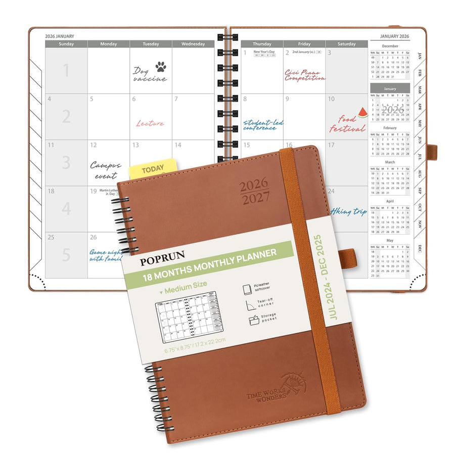 POPRUN Monthly Planner 2025-2026 Spiral Bound (8.5'' x 10.5'') 18 Months Calendar (Jul 2025 - Dec 2026) - 4 Pages per Month with Monthly Expense & Notes, Sunday Start, Leather Cover - Grey