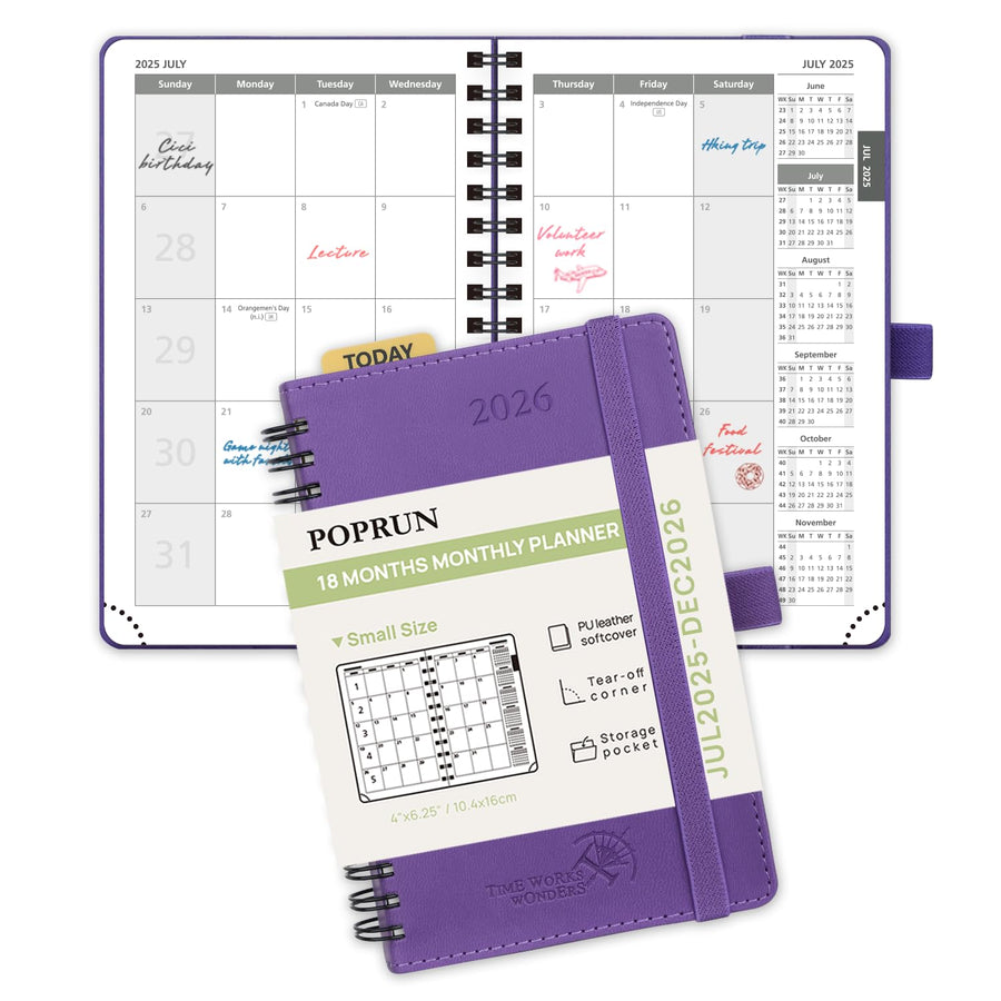 POPRUN Monthly Planner 2025-2026 Spiral Bound (8.5'' x 10.5'') 18 Months Calendar (Jul 2025 - Dec 2026) - 4 Pages per Month with Monthly Expense & Notes, Sunday Start, Leather Cover - Grey