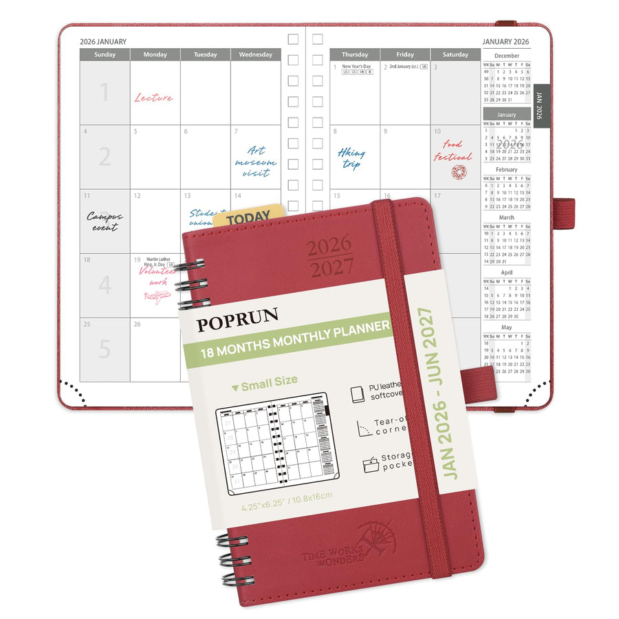 POPRUN Monthly Planner 2025-2026 Spiral Bound (8.5'' x 10.5'') 18 Months Calendar (Jul 2025 - Dec 2026) - 4 Pages per Month with Monthly Expense & Notes, Sunday Start, Leather Cover - Grey