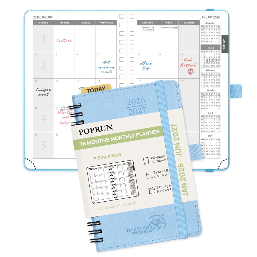 POPRUN Monthly Planner 2025-2026 Spiral Bound (8.5'' x 10.5'') 18 Months Calendar (Jul 2025 - Dec 2026) - 4 Pages per Month with Monthly Expense & Notes, Sunday Start, Leather Cover - Grey