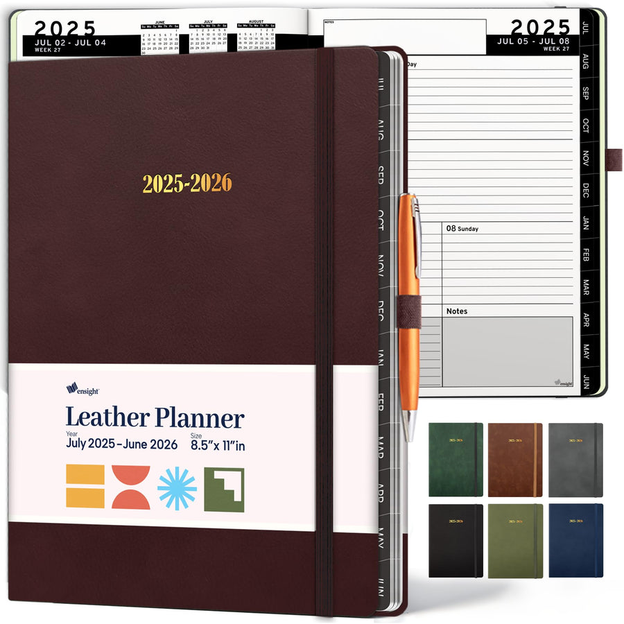 Ensight 2025-2026 HARDCOVER Leather Planner Weekly & Monthly - 8.5x11 Inches - Academic Planner Business Personal or Student - Pen Holder, Thick Paper, July 2025 - June 2026 (Brown)