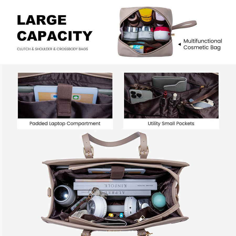 15.6-inch Canvas Laptop Tote with Clutch for Women - Lightweight, Large Capacity for Work, Travel, School