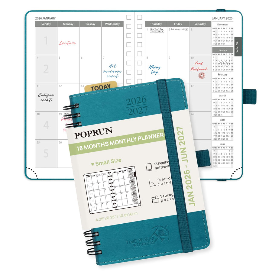 POPRUN Monthly Planner 2025-2026 Spiral Bound (8.5'' x 10.5'') 18 Months Calendar (Jul 2025 - Dec 2026) - 4 Pages per Month with Monthly Expense & Notes, Sunday Start, Leather Cover - Grey