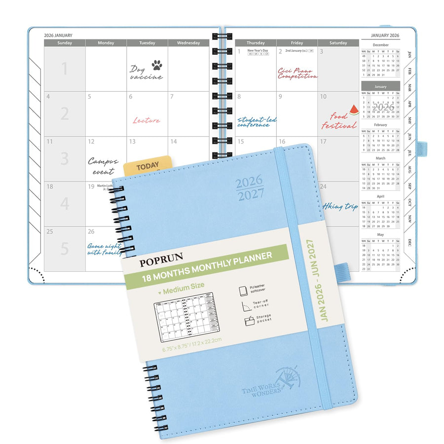 POPRUN Monthly Planner 2025-2026 Spiral Bound (8.5'' x 10.5'') 18 Months Calendar (Jul 2025 - Dec 2026) - 4 Pages per Month with Monthly Expense & Notes, Sunday Start, Leather Cover - Grey