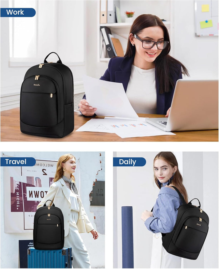 Laptop Backpack for Women, 15.6 Inch Work Backpack Purse, Large Capacity Stylish Daypack, Business Computer Bag, Travel Backpack for College, Black