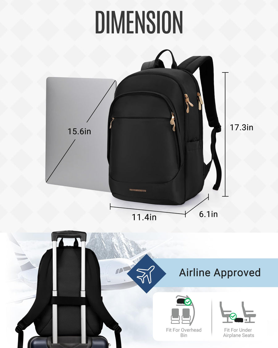 LIGHT FLIGHT Travel Laptop Backpack Women, 15.6 Inch Laptop Backpack with USB Charging Hole, Water Resistant College Bookbag, Black Computer Backpacks for Work, Champagne