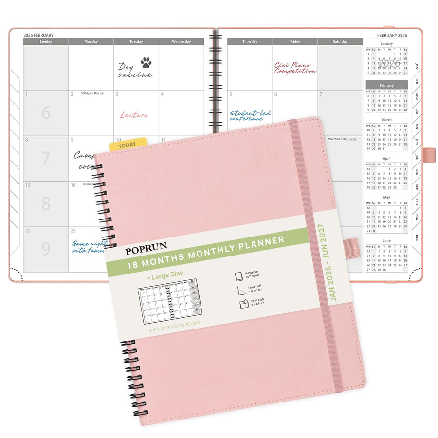 POPRUN Monthly Planner 2025-2026 Spiral Bound (8.5'' x 10.5'') 18 Months Calendar (Jul 2025 - Dec 2026) - 4 Pages per Month with Monthly Expense & Notes, Sunday Start, Leather Cover - Grey