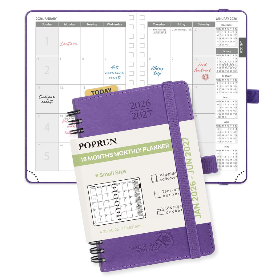 POPRUN Monthly Planner 2025-2026 Spiral Bound (8.5'' x 10.5'') 18 Months Calendar (Jul 2025 - Dec 2026) - 4 Pages per Month with Monthly Expense & Notes, Sunday Start, Leather Cover - Grey