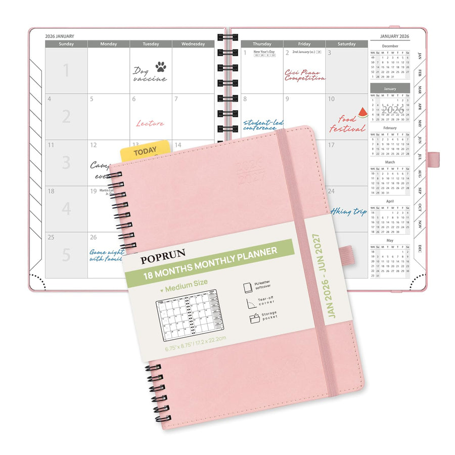 POPRUN Monthly Planner 2025-2026 Spiral Bound (8.5'' x 10.5'') 18 Months Calendar (Jul 2025 - Dec 2026) - 4 Pages per Month with Monthly Expense & Notes, Sunday Start, Leather Cover - Grey