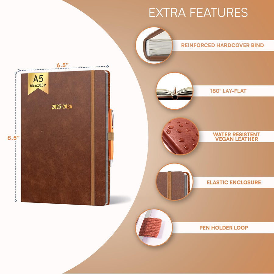 Ensight 2025-2026 HARDCOVER Leather Planner Weekly & Monthly - 8.5x11 Inches - Academic Planner Business Personal or Student - Pen Holder, Thick Paper, July 2025 - June 2026 (Brown)