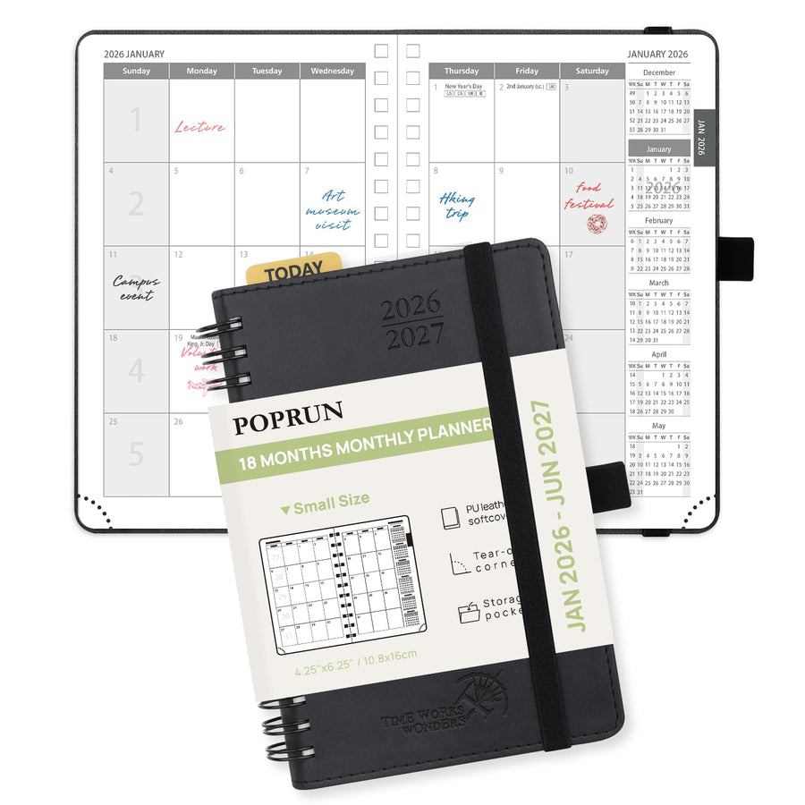 POPRUN Monthly Planner 2025-2026 Spiral Bound (8.5'' x 10.5'') 18 Months Calendar (Jul 2025 - Dec 2026) - 4 Pages per Month with Monthly Expense & Notes, Sunday Start, Leather Cover - Grey