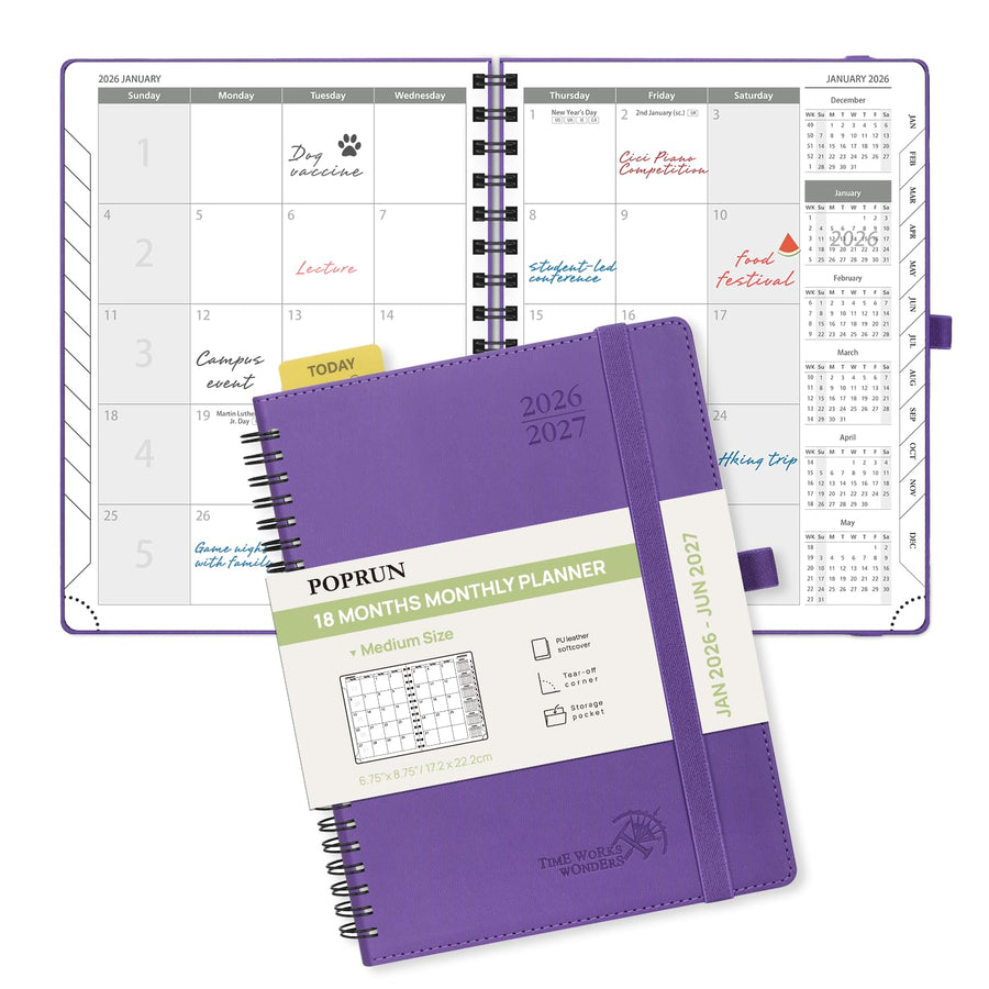 POPRUN Monthly Planner 2025-2026 Spiral Bound (8.5'' x 10.5'') 18 Months Calendar (Jul 2025 - Dec 2026) - 4 Pages per Month with Monthly Expense & Notes, Sunday Start, Leather Cover - Grey