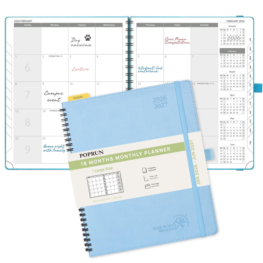 POPRUN Monthly Planner 2025-2026 Spiral Bound (8.5'' x 10.5'') 18 Months Calendar (Jul 2025 - Dec 2026) - 4 Pages per Month with Monthly Expense & Notes, Sunday Start, Leather Cover - Grey