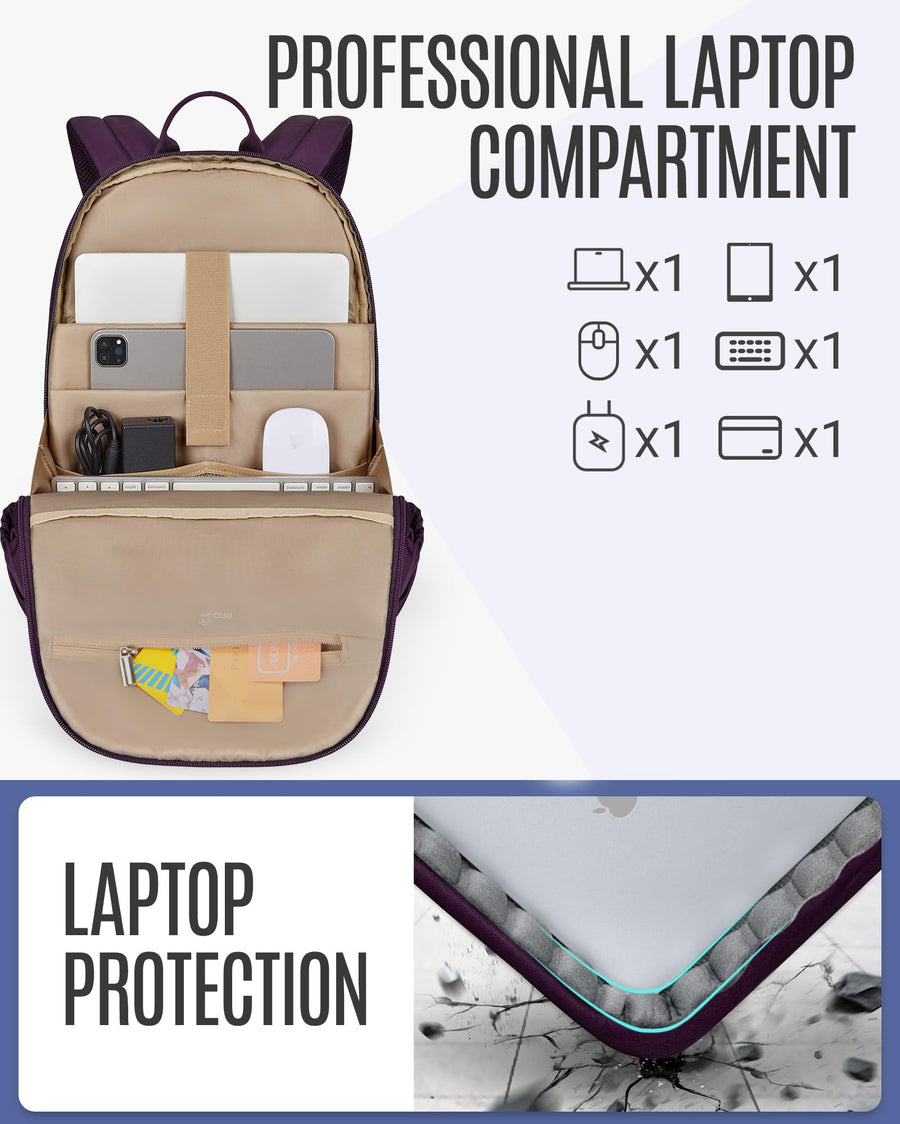 LIGHT FLIGHT Travel Laptop Backpack Women, 15.6 Inch Laptop Backpack with USB Charging Hole, Water Resistant College Bookbag, Black Computer Backpacks for Work, Champagne