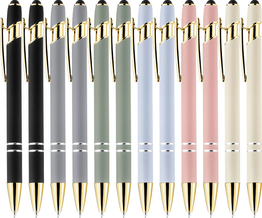 12 Pack Black Gold Ballpoint Pen with Stylus Tip, 1.0 mm Black Ink Smooth Writing Pens, Metal Stylus Pens for Touch Screens