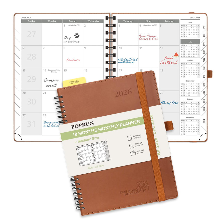 POPRUN Monthly Planner 2025-2026 Spiral Bound (8.5'' x 10.5'') 18 Months Calendar (Jul 2025 - Dec 2026) - 4 Pages per Month with Monthly Expense & Notes, Sunday Start, Leather Cover - Grey