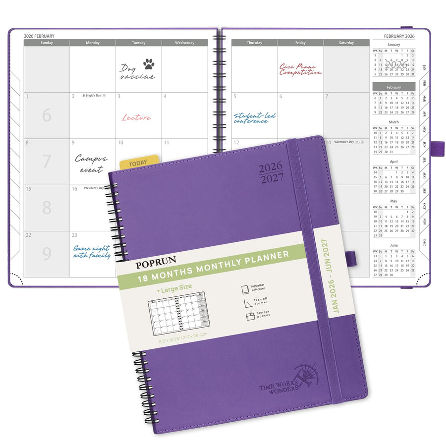 POPRUN Monthly Planner 2025-2026 Spiral Bound (8.5'' x 10.5'') 18 Months Calendar (Jul 2025 - Dec 2026) - 4 Pages per Month with Monthly Expense & Notes, Sunday Start, Leather Cover - Grey