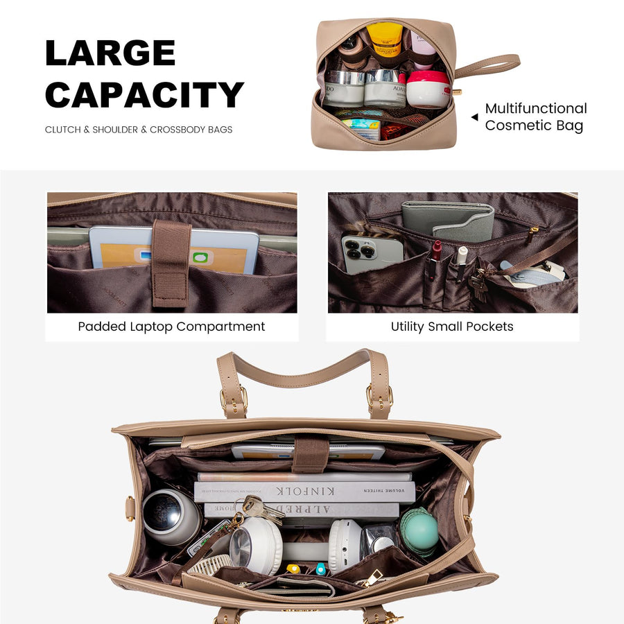 15.6-inch Canvas Laptop Tote with Clutch for Women - Lightweight, Large Capacity for Work, Travel, School