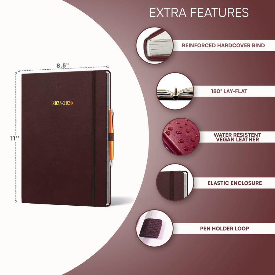 Ensight 2025-2026 HARDCOVER Leather Planner Weekly & Monthly - 8.5x11 Inches - Academic Planner Business Personal or Student - Pen Holder, Thick Paper, July 2025 - June 2026 (Brown)