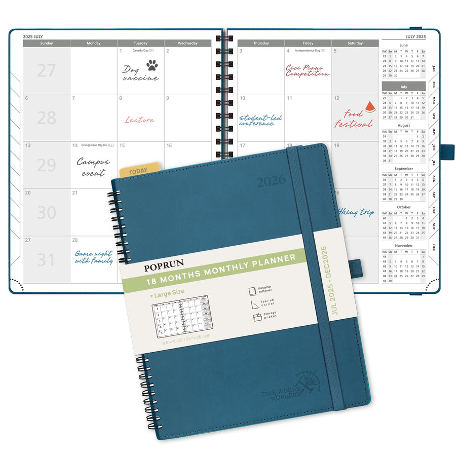 POPRUN Monthly Planner 2025-2026 Spiral Bound (8.5'' x 10.5'') 18 Months Calendar (Jul 2025 - Dec 2026) - 4 Pages per Month with Monthly Expense & Notes, Sunday Start, Leather Cover - Grey