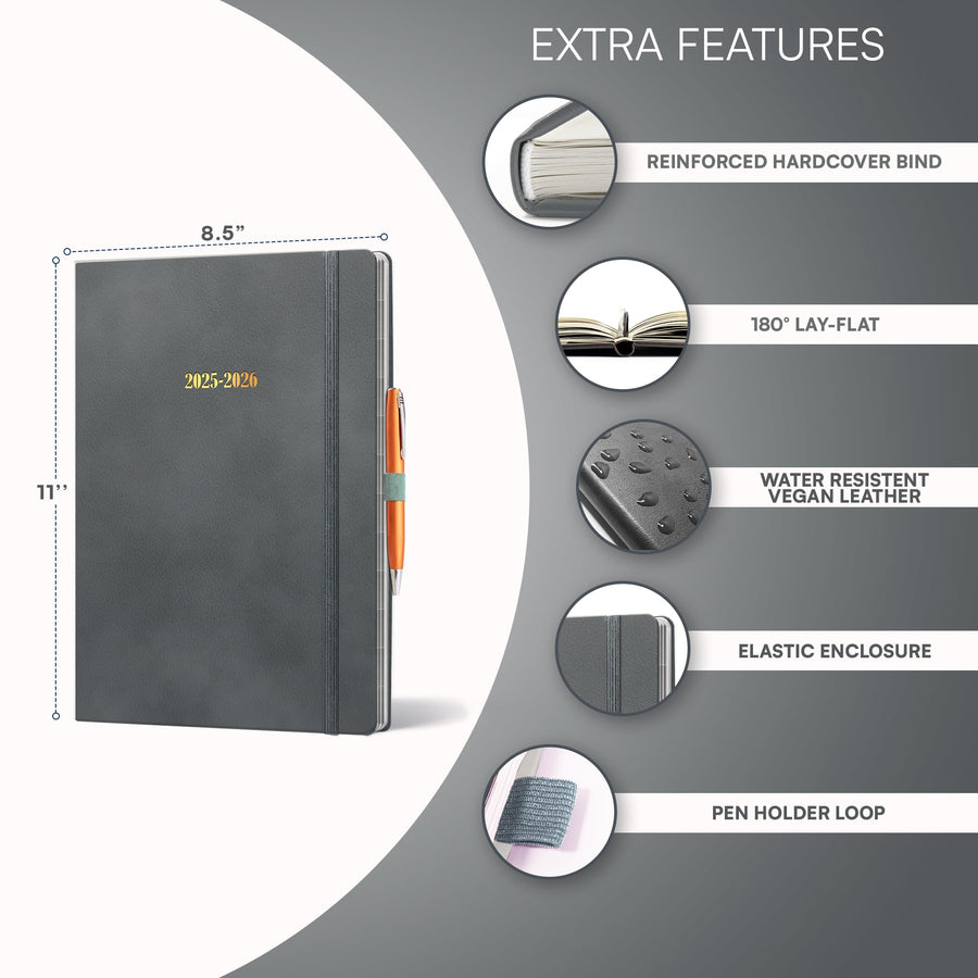 Ensight 2025-2026 HARDCOVER Leather Planner Weekly & Monthly - 8.5x11 Inches - Academic Planner Business Personal or Student - Pen Holder, Thick Paper, July 2025 - June 2026 (Brown)