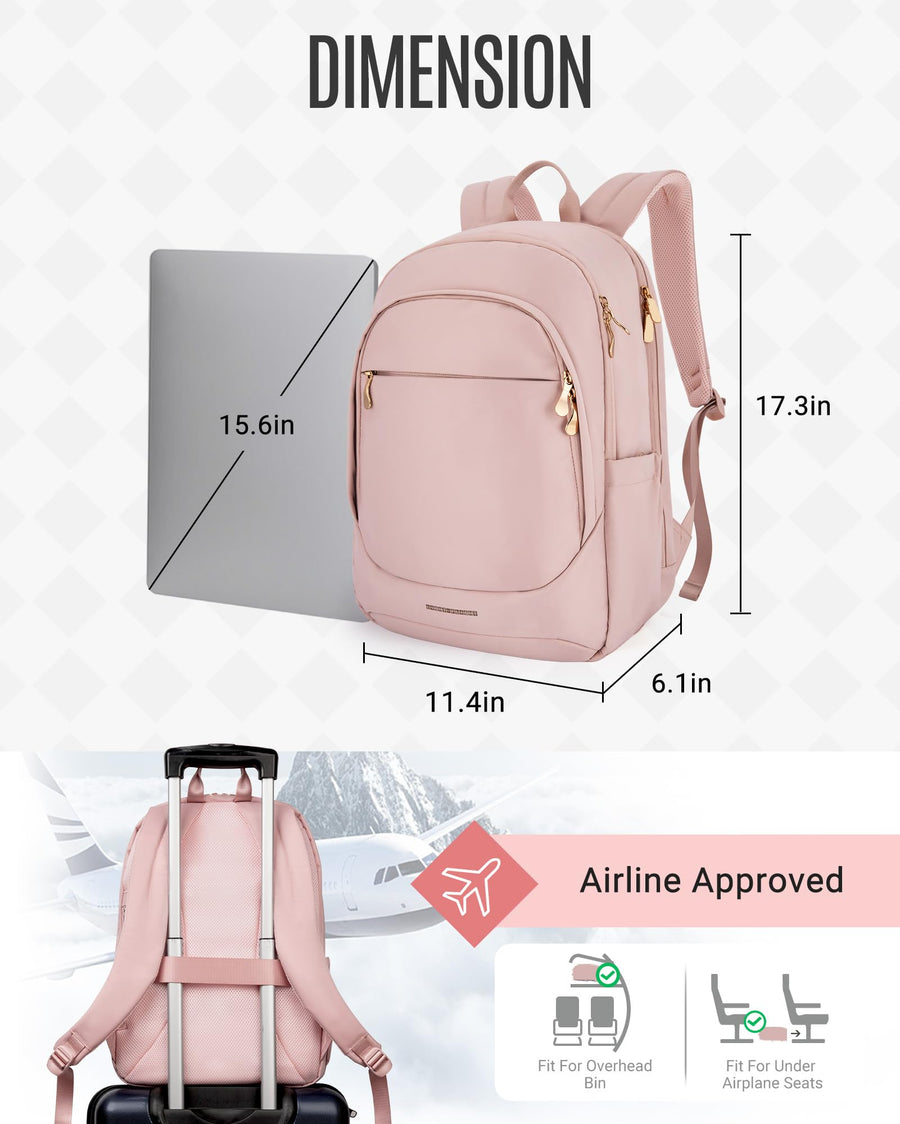 LIGHT FLIGHT Travel Laptop Backpack Women, 15.6 Inch Laptop Backpack with USB Charging Hole, Water Resistant College Bookbag, Black Computer Backpacks for Work, Champagne