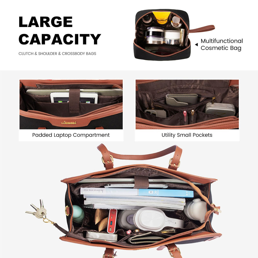 15.6-inch Canvas Laptop Tote with Clutch for Women - Lightweight, Large Capacity for Work, Travel, School