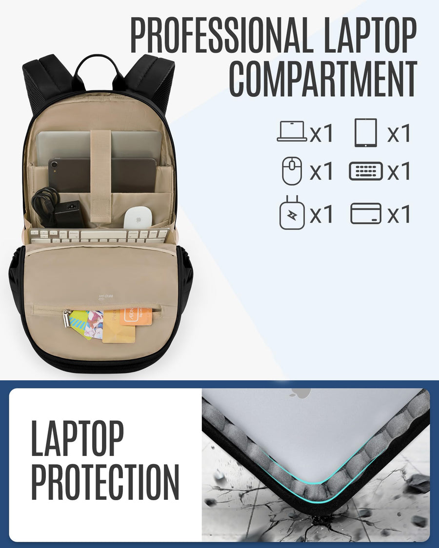 LIGHT FLIGHT Travel Laptop Backpack Women, 15.6 Inch Laptop Backpack with USB Charging Hole, Water Resistant College Bookbag, Black Computer Backpacks for Work, Champagne