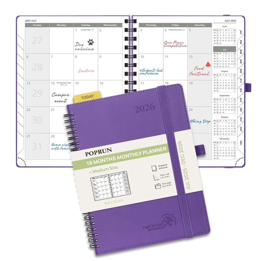 POPRUN Monthly Planner 2025-2026 Spiral Bound (8.5'' x 10.5'') 18 Months Calendar (Jul 2025 - Dec 2026) - 4 Pages per Month with Monthly Expense & Notes, Sunday Start, Leather Cover - Grey