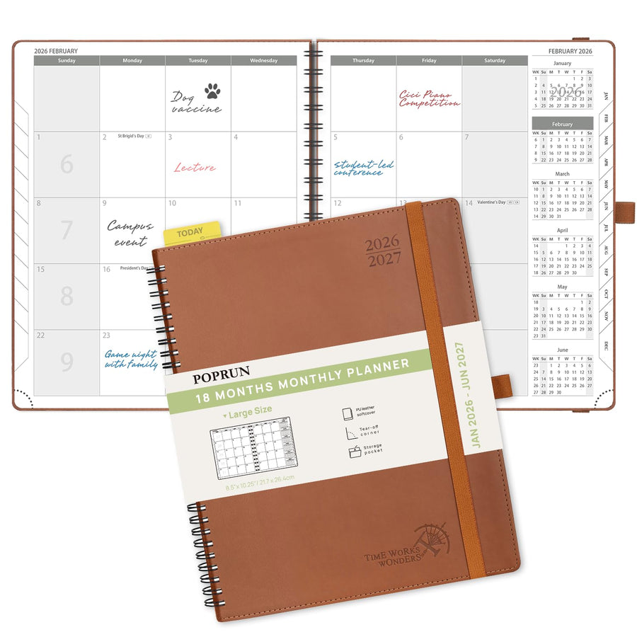 POPRUN Monthly Planner 2025-2026 Spiral Bound (8.5'' x 10.5'') 18 Months Calendar (Jul 2025 - Dec 2026) - 4 Pages per Month with Monthly Expense & Notes, Sunday Start, Leather Cover - Grey