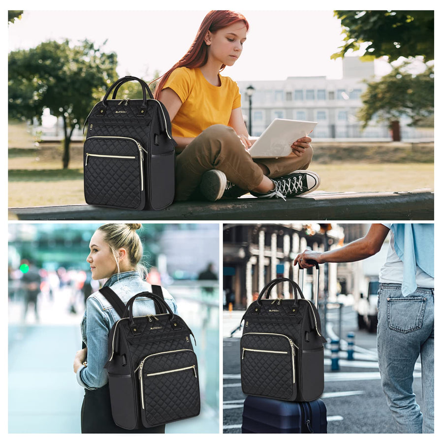 EMPSIGN 17 Inch Laptop Backpack for Women, Work Business Travel Computer College Bags, Large Capacity Water-repellent Quilted Casual Daypack with USB Port, Black