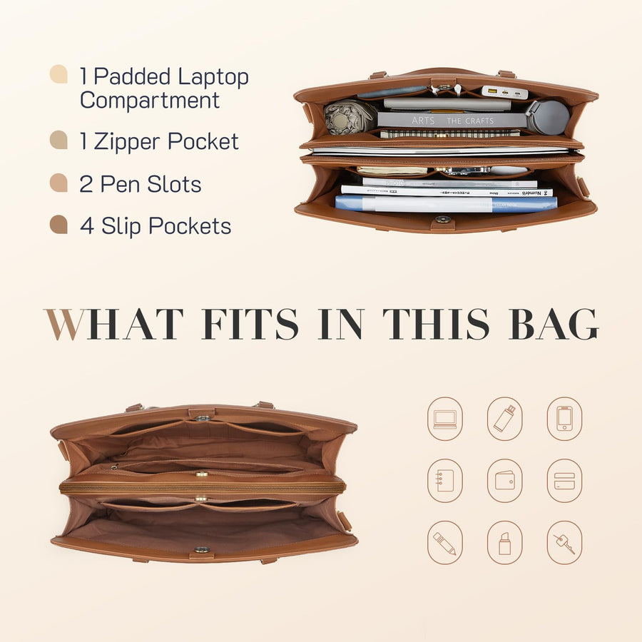 Laptop Tote Bag for Women 15.6 Inch Leather Work Bags Teacher Computer Purse Briefcase Handbag for Office, Travel