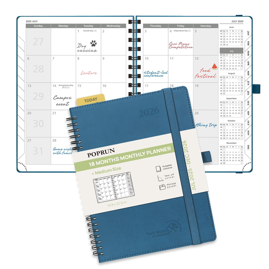 POPRUN Monthly Planner 2025-2026 Spiral Bound (8.5'' x 10.5'') 18 Months Calendar (Jul 2025 - Dec 2026) - 4 Pages per Month with Monthly Expense & Notes, Sunday Start, Leather Cover - Grey