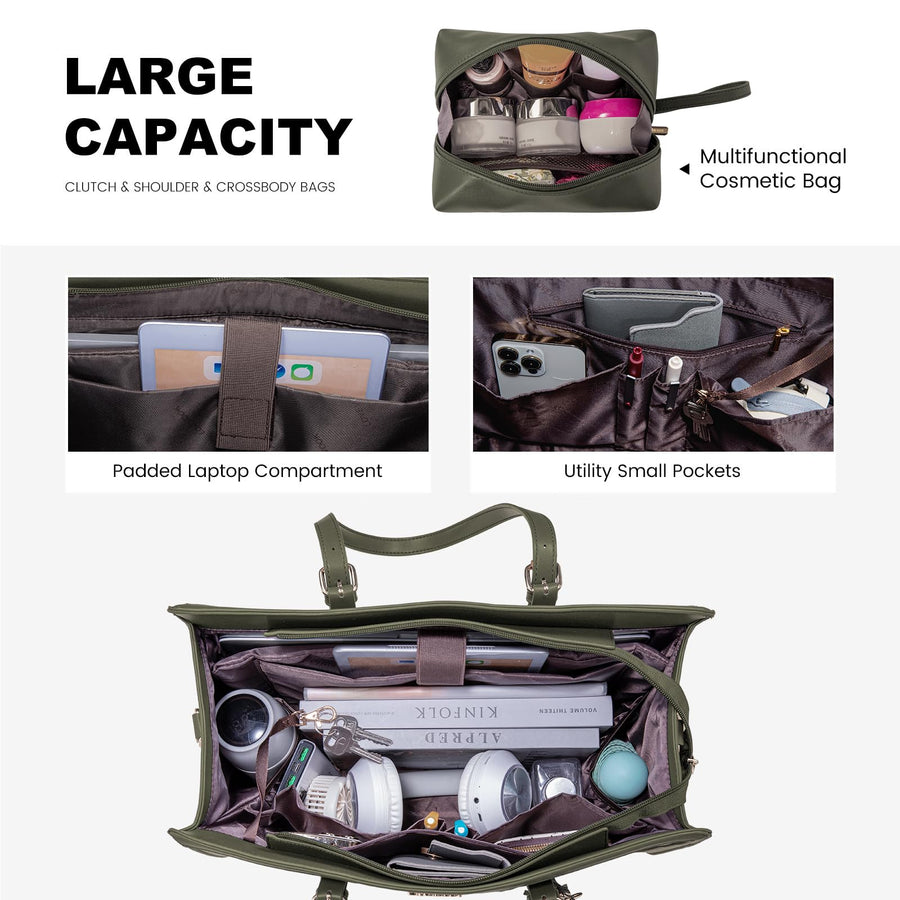 15.6-inch Canvas Laptop Tote with Clutch for Women - Lightweight, Large Capacity for Work, Travel, School