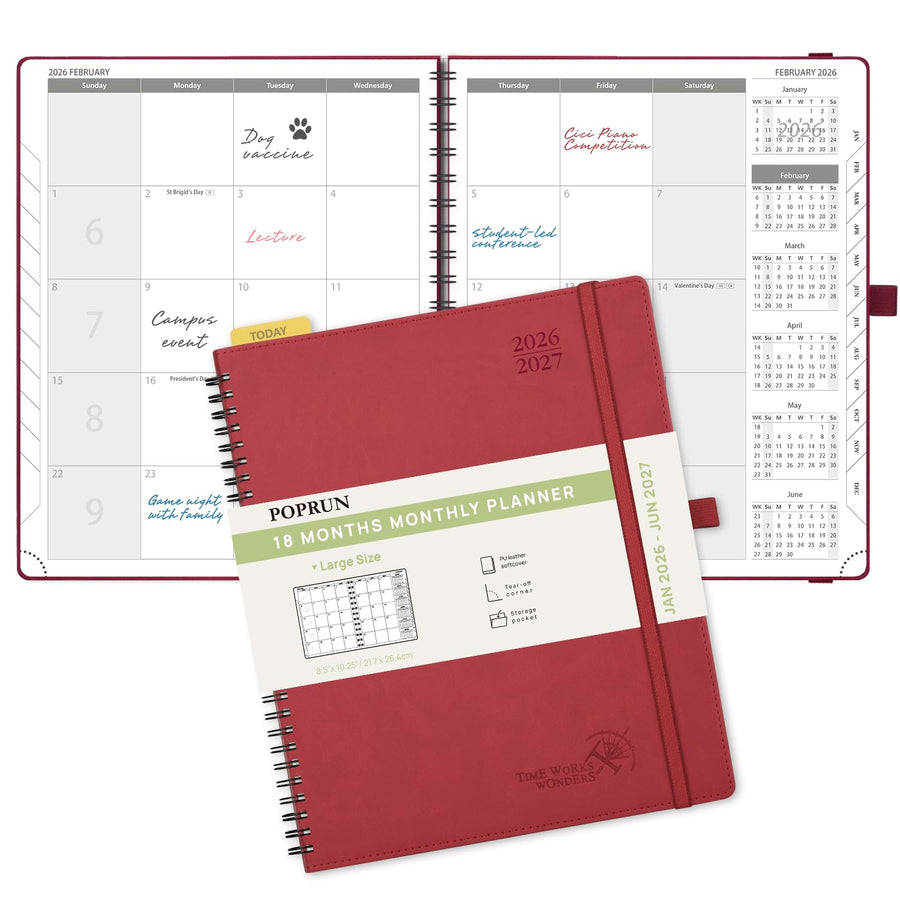 POPRUN Monthly Planner 2025-2026 Spiral Bound (8.5'' x 10.5'') 18 Months Calendar (Jul 2025 - Dec 2026) - 4 Pages per Month with Monthly Expense & Notes, Sunday Start, Leather Cover - Grey